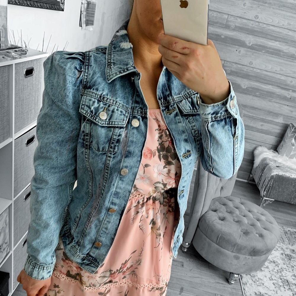 🆕 Mid Blue Acid Puff Sleeve Western Denim Jacket